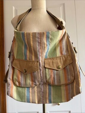 Vintage Fossil Pastel Striped Canvas Shoulder Bag Boho